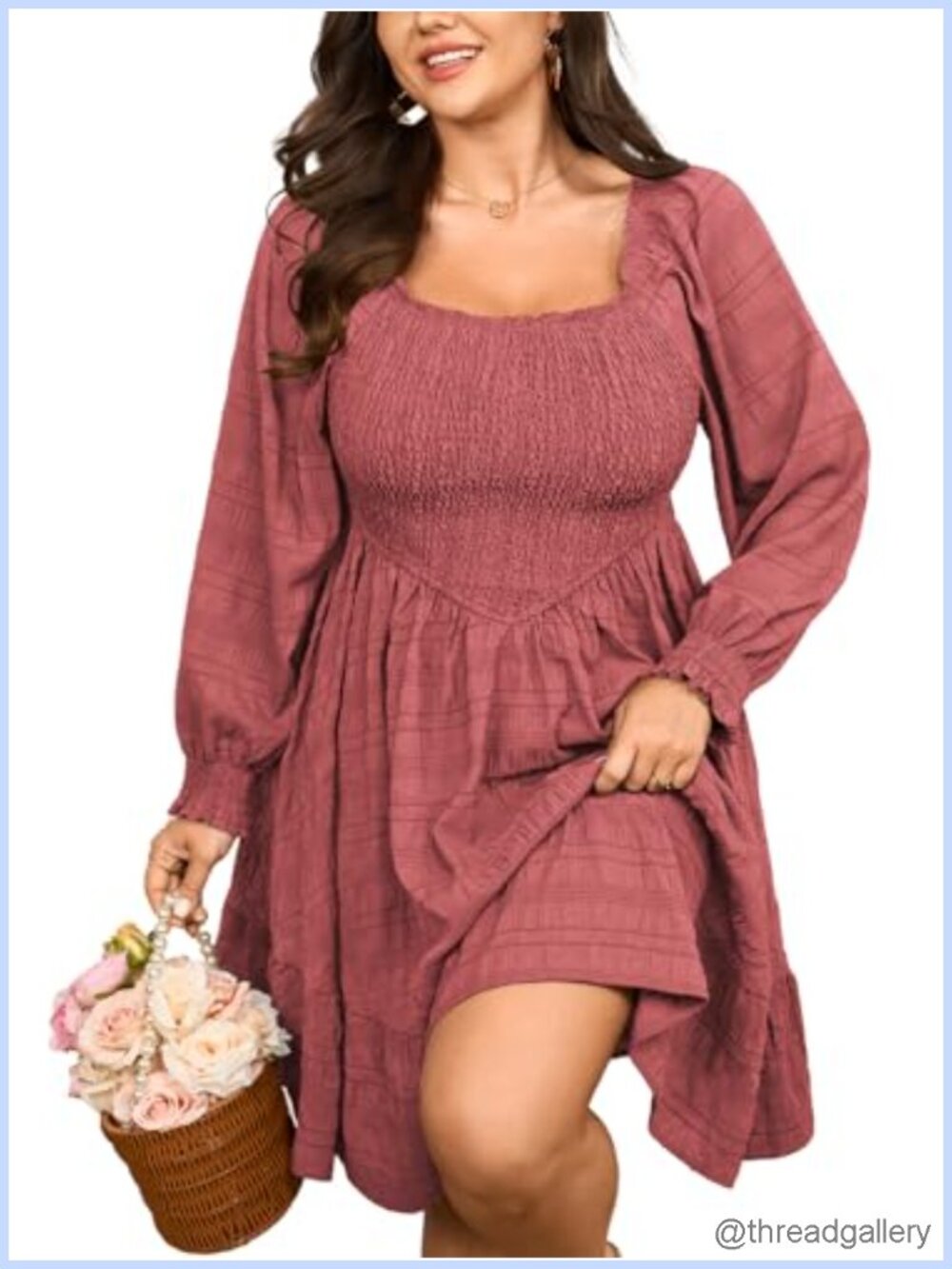 Womens Plus Size Mini Dress Puff Long Sleeve Square Neck Tiered A-line